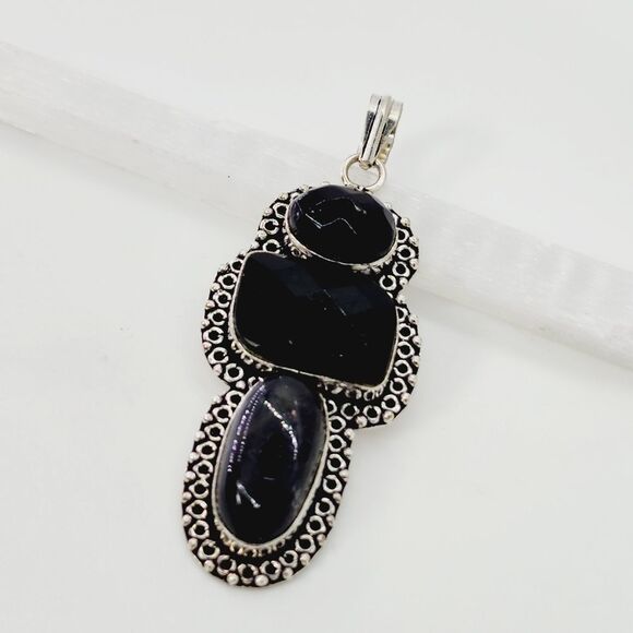 Black Quartz Sterling Silver Plated Pendant 2.8" Gemstone Jewelry - Picture 5 of 5